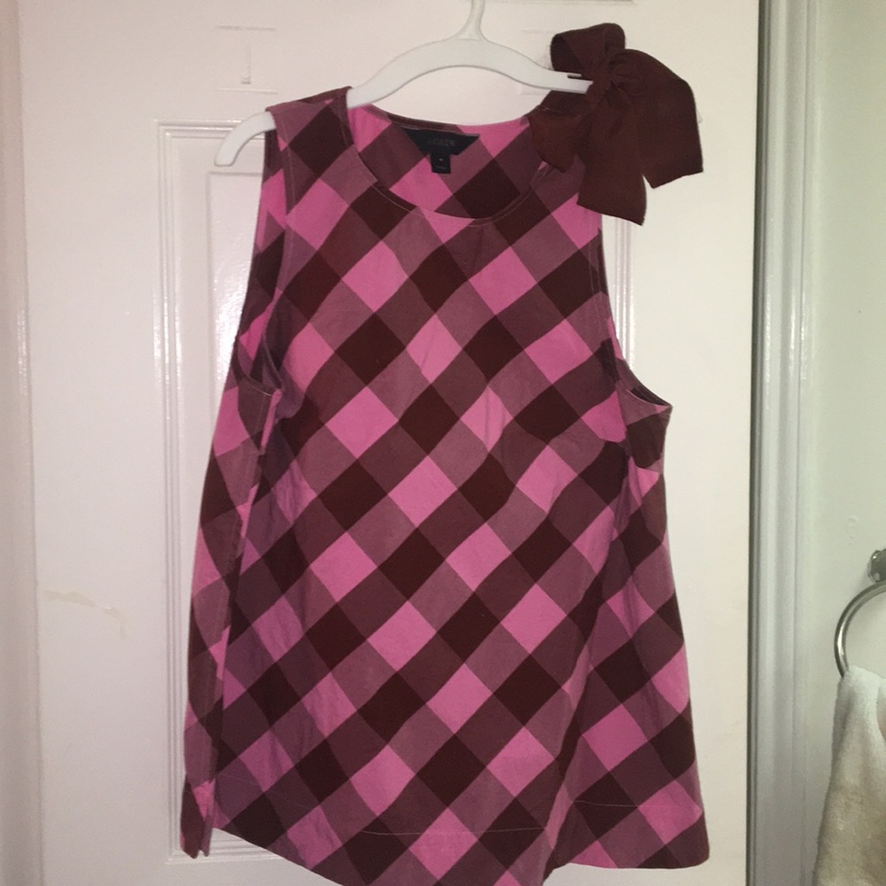 J. Crew plaid tank top with bow tie shoulder.